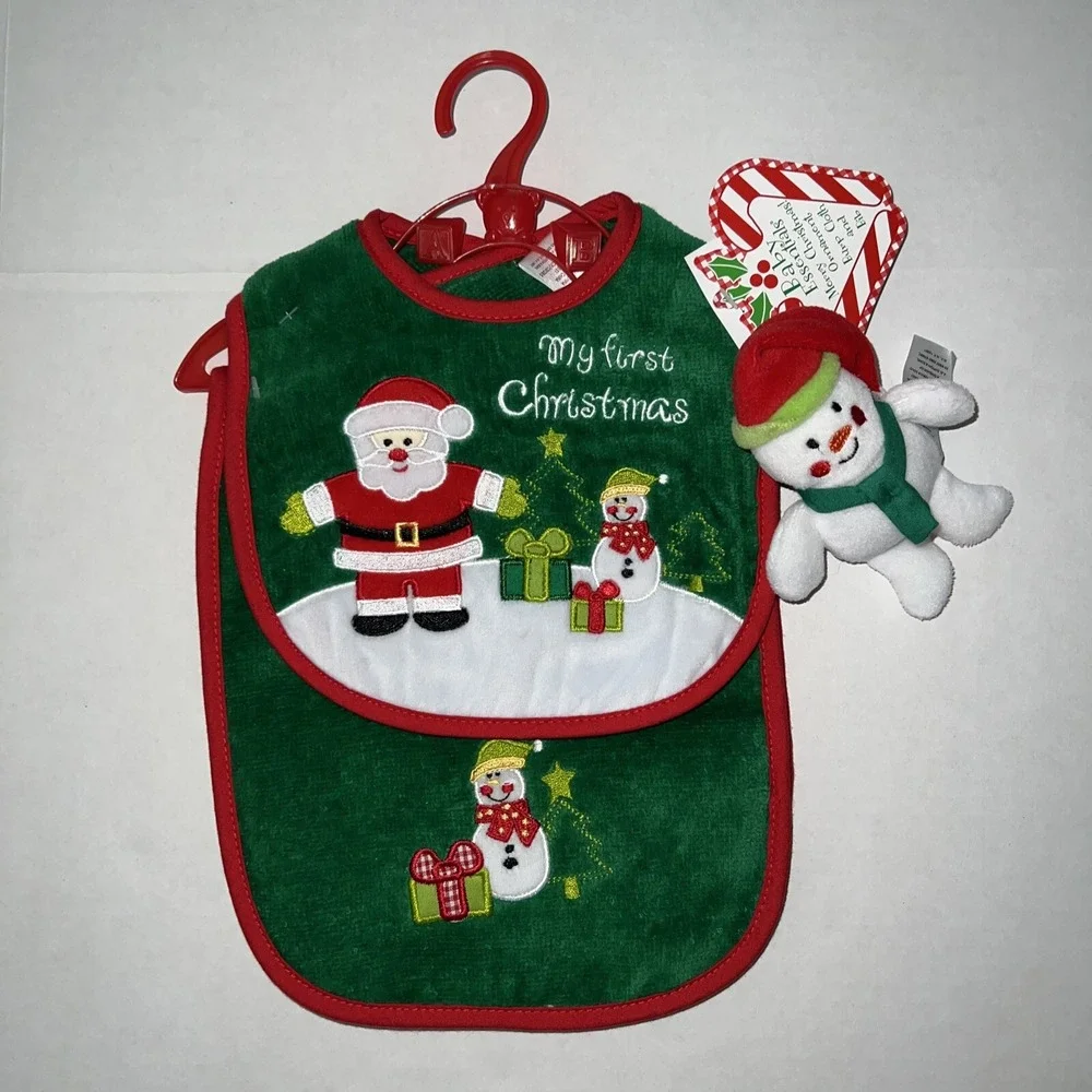 Set of 2‎ Baby Essentials My First Christmas Bib, Burp Cloth and Ornament NEW